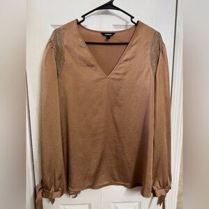 Express Tan V-Neck Blouse with Lace Detail